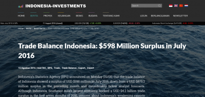 インドネシア7月貿易収支